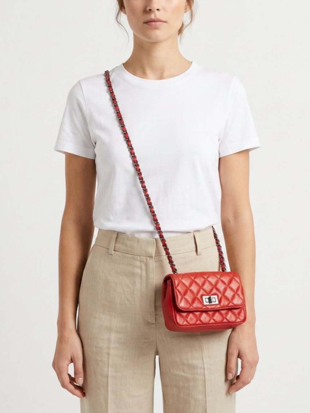 Quilted Red Leather Mini Crossbody Bag Chain Strap Turn Lock Made in Italy